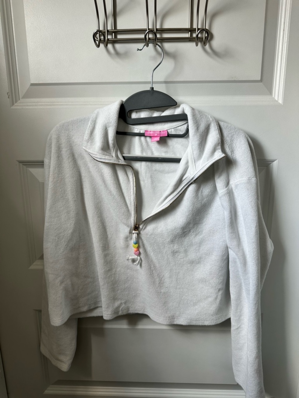 Stoney Clover Lane White Terry Half-Zip Swim Coverup with Pastel Bead Accent